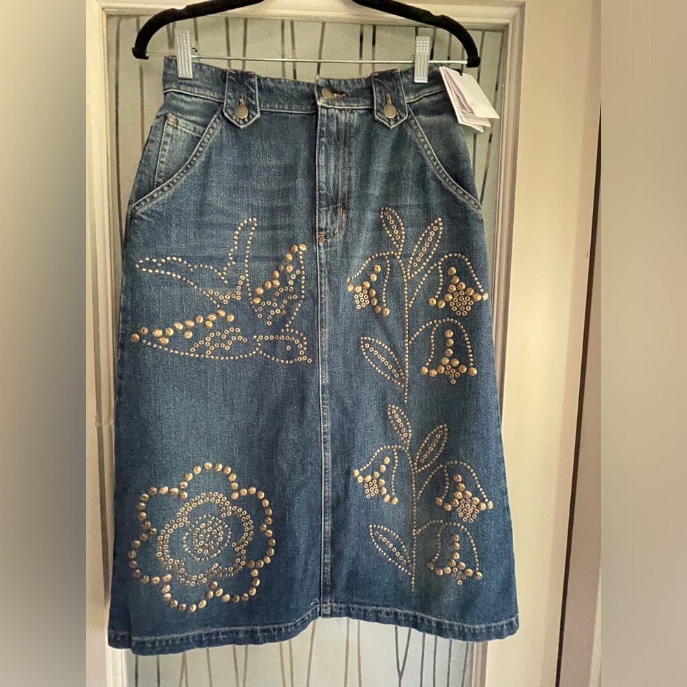 Red Valentino Denim Skirt with Gold Floral Design